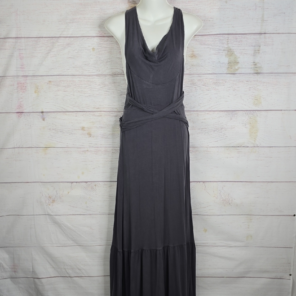 Free People Charcoal Gray Jersey Long Maxi Knotted Dress Sz Sm